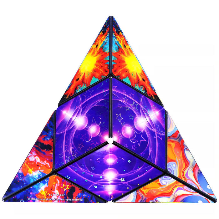 A triangular magnetic puzzle featuring vibrant cosmic art with stars, solar flares, and colorful marble swirl patterns.