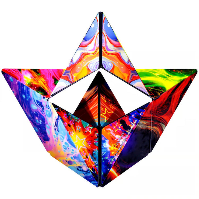 Multi-faceted star-shaped puzzle toy featuring vibrant psychedelic cosmic patterns with colorful swirls and stars.