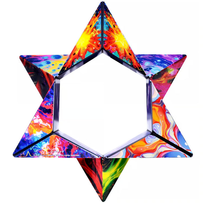 Six-pointed star puzzle featuring vibrant cosmic, marbled, and star patterns in bold colors around a hollow center.