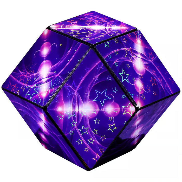 Multifaceted purple magnetic puzzle box with a cosmic design of neon stars and glowing nebulae.