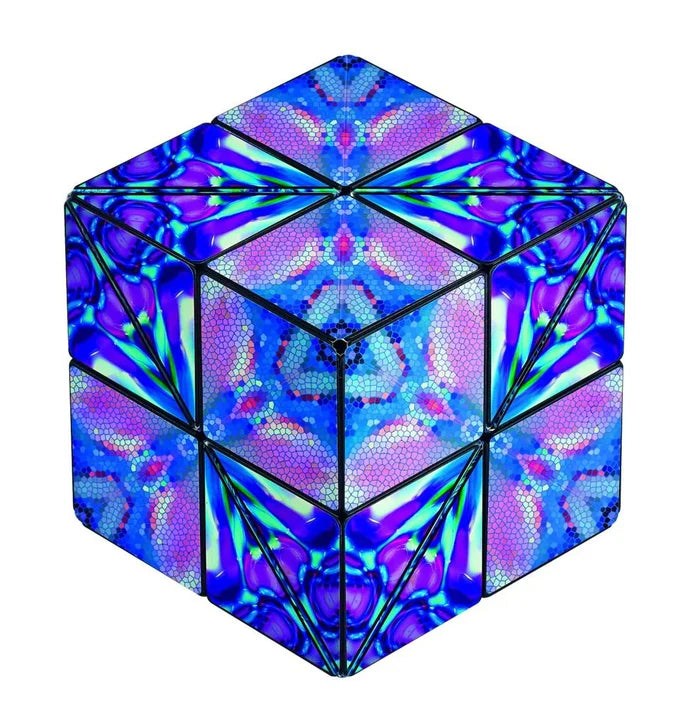 Geometric puzzle cube featuring vibrant blue, purple, and teal kaleidoscopic and mosaic patterns.