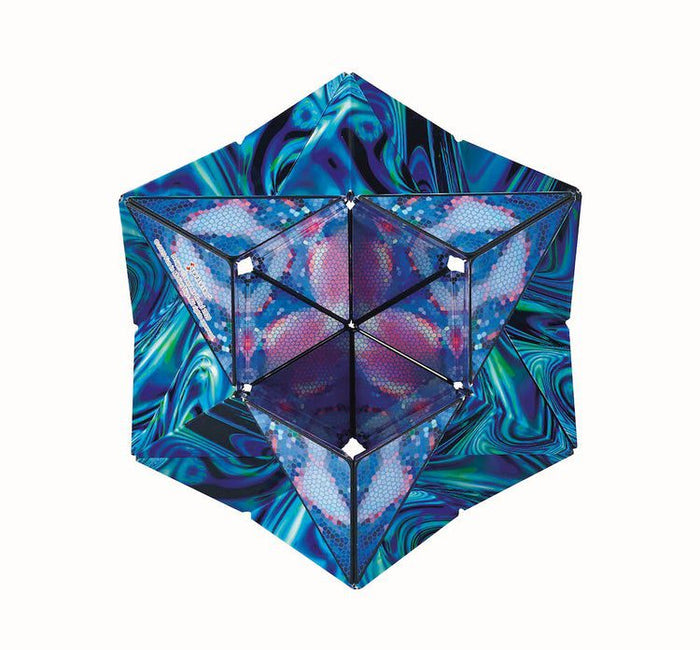 Blue and teal marble-patterned geometric puzzle in a star shape with a pink and purple honeycomb center.