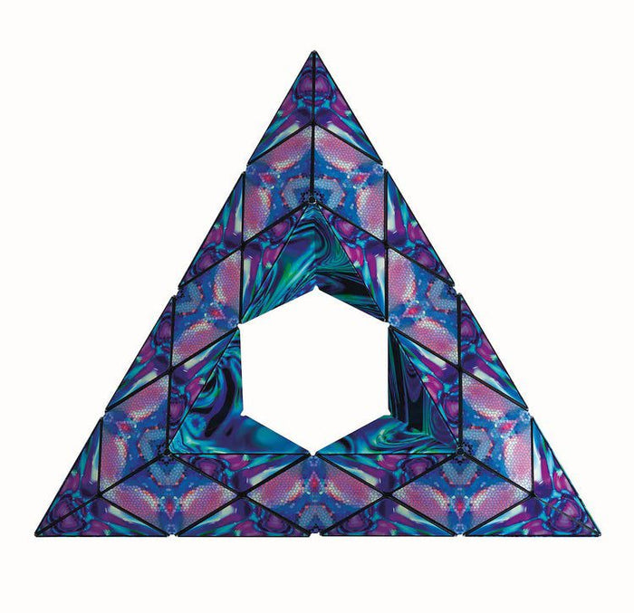 Triangular puzzle toy with a hexagonal cutout, featuring swirling blue, purple, and pink kaleidoscopic patterns.