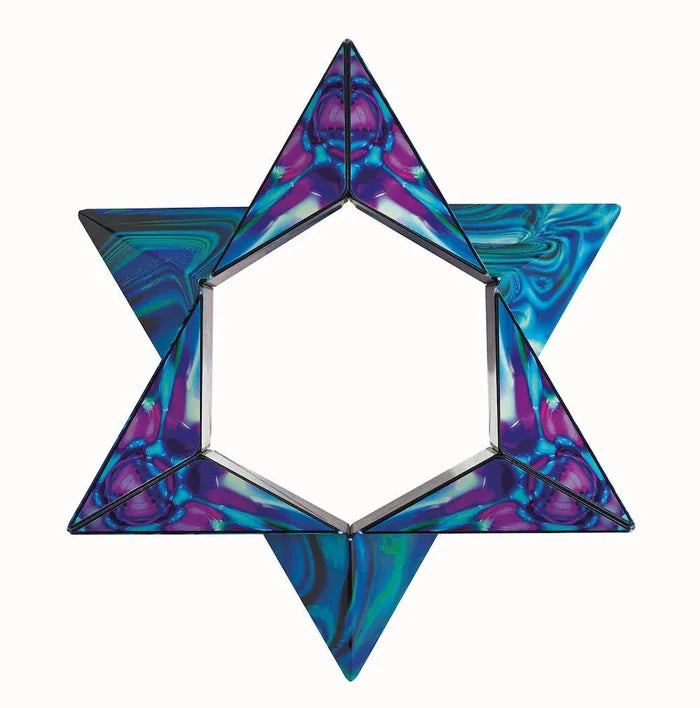 Six-pointed star geometric puzzle with vibrant blue and purple swirling patterns and a hollow center.