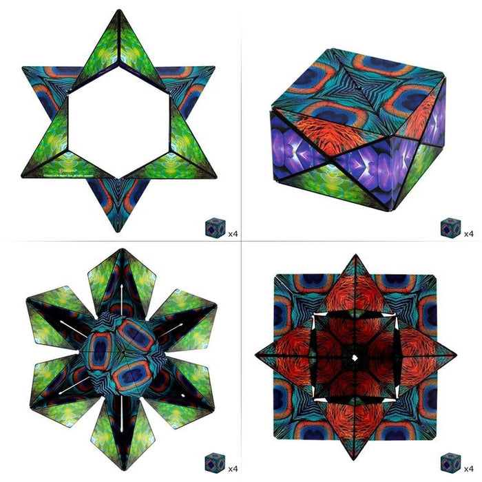 Shape-shifting puzzle shown in four configurations with vibrant blue, green, and red peacock feather patterns.