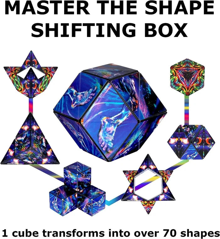 Magnetic puzzle cube with blue cosmic nebula art shown transforming into various geometric shapes and stars.