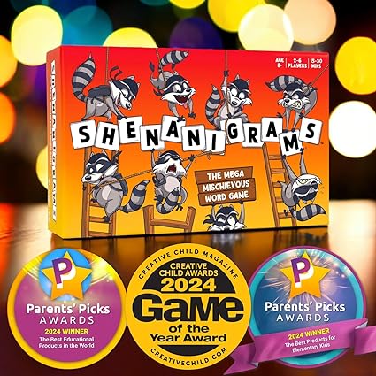 Orange Shenanigrams word game box featuring cartoon raccoons and three 2024 award seals on a bokeh background.