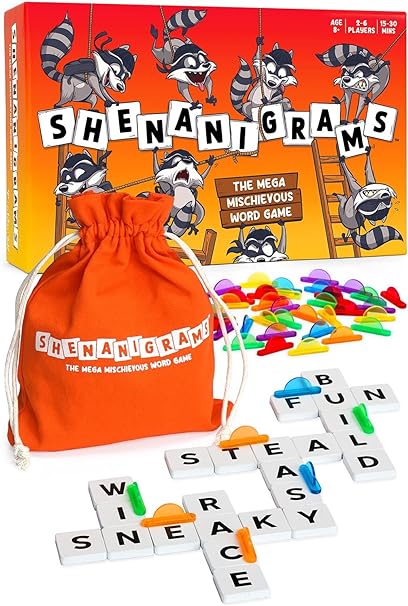 Orange game box with raccoons, a drawstring bag, white letter tiles in a grid, and small colorful plastic clips.