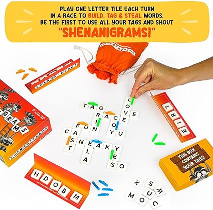 Word game featuring letter tiles in a grid, colorful tag clips, an orange storage bag, tile racks, and game box.