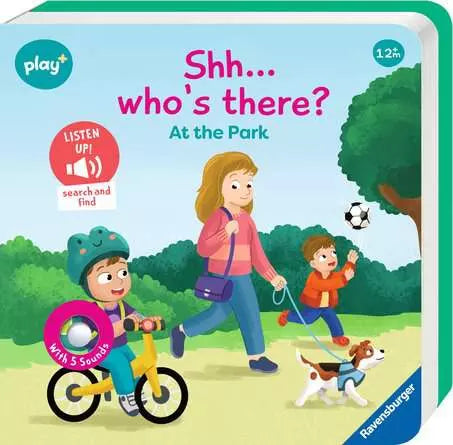 Square teal board book showing a woman walking a dog and kids in a park, with a sound button on a yellow bike.