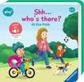 Square teal board book showing a woman walking a dog and kids in a park, with a sound button on a yellow bike.