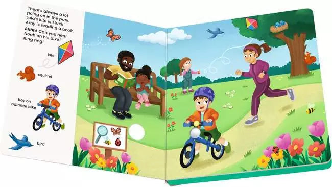 Open board book showing a park scene with a boy on a blue balance bike, a man reading, and a woman jogging.