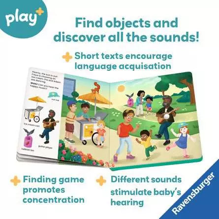Vibrant children's board book open to a park scene with diverse characters, an ice cream cart, and interactive text.