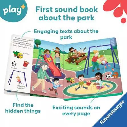 Colorful open children's sound book with illustrations of kids playing in a park on a slide, swings, and sandbox.