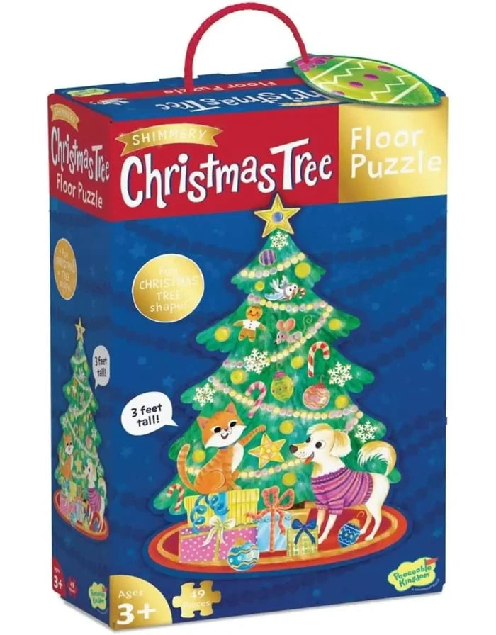 Blue box for a 49-piece Christmas tree floor puzzle featuring a cat, dog, and decorated tree. 3 feet tall. Ages 3+.