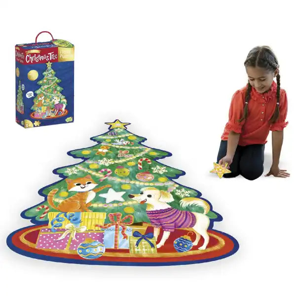 Tree-shaped floor puzzle featuring a cat and dog, shown with its box and a child holding a yellow star piece.