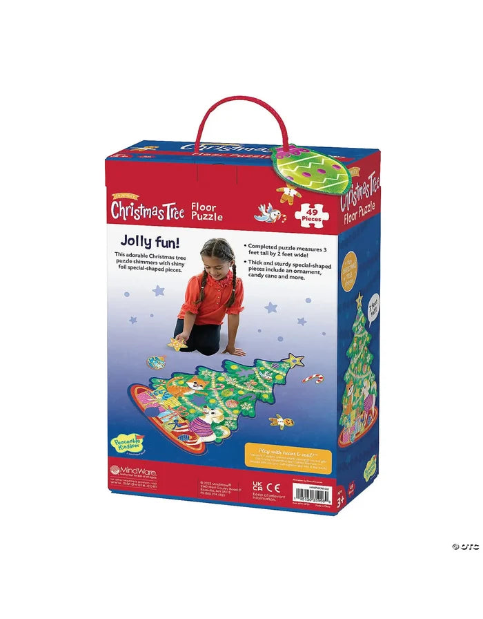Red box with rope handle for a 49-piece Christmas tree floor puzzle featuring colorful animals and shimmery shapes.