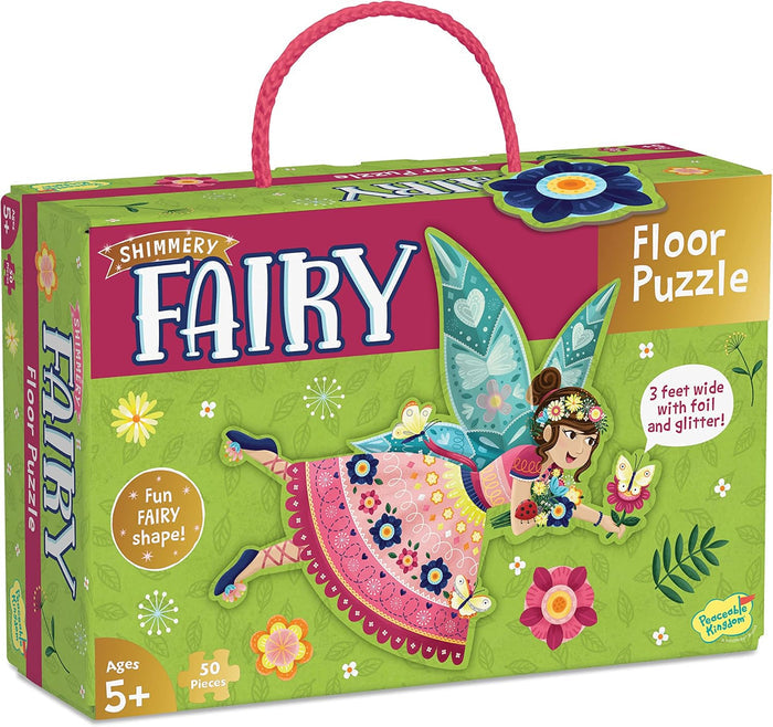 Green and pink 50-piece fairy floor puzzle box with a rope handle, featuring a colorful flying fairy illustration.