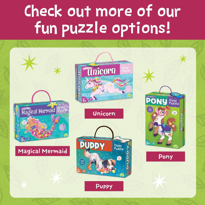 Four floor puzzle boxes with handles featuring pink unicorn, teal mermaid, blue puppy, and green pony illustrations.