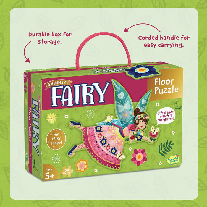 Green and pink floor puzzle box with a pink cord handle and a colorful illustration of a fairy with glittery wings.
