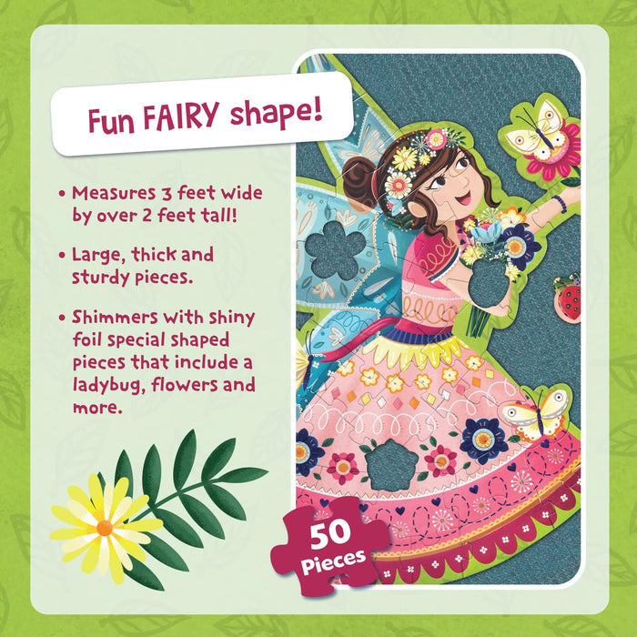 Fairy-shaped floor puzzle with 50 pieces, floral patterns, and shiny foil accents. Measures 3 feet wide by 2 feet tall.