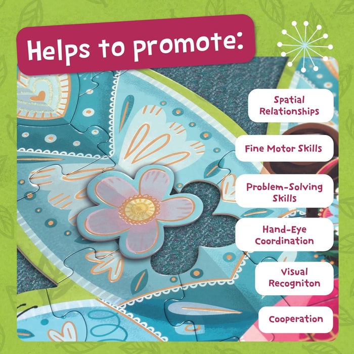 Close-up of a shimmery flower puzzle piece being placed. Text lists benefits like spatial and fine motor skills.