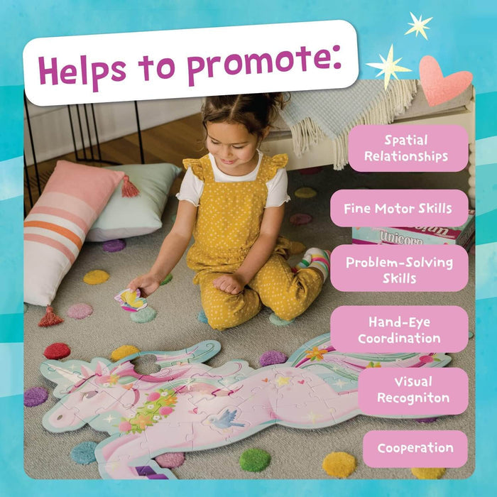 Girl in yellow building a large unicorn floor puzzle with text bubbles listing various developmental benefits.
