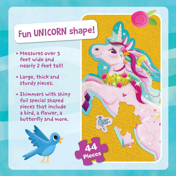 44-piece unicorn-shaped floor puzzle with shimmery foil, floral designs, and special bird-shaped pieces.