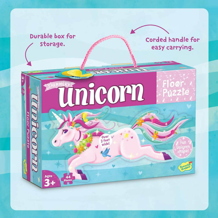 Pink and teal box featuring a glittery pink unicorn with rainbow hair, a pink rope handle, and 44 puzzle pieces.