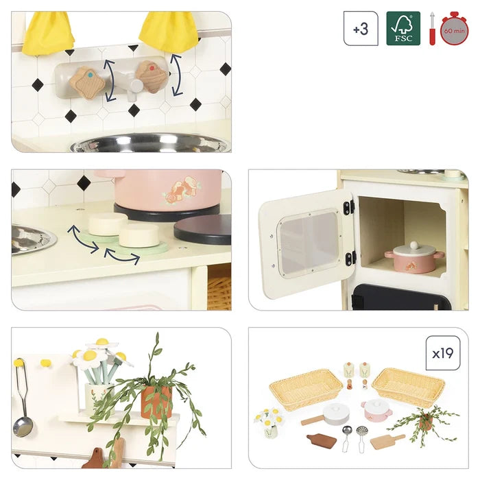 Cream wooden toy kitchen details featuring rotating knobs, an open cabinet, and 19 play accessories.