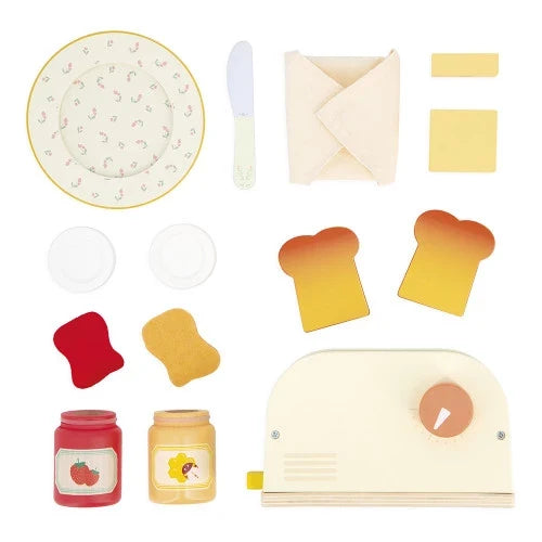 Wooden toy toaster set with toast slices, jam and honey jars, a floral plate, and a butter knife.