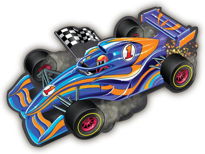 Die-cut illustration of a blue and orange number 1 race car with a driver, checkered flag, and exhaust sparks.