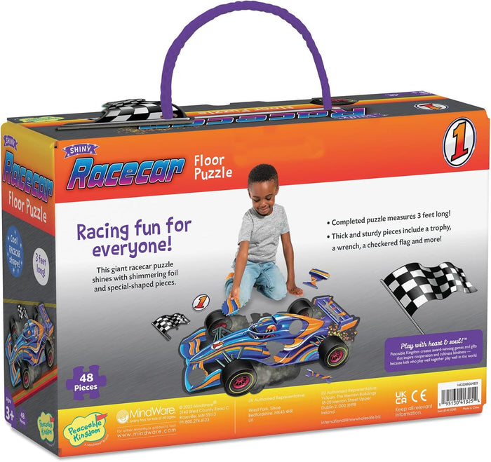 Box for a 48-piece shiny racecar floor puzzle showing a child playing with the large blue and orange puzzle.