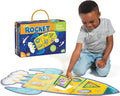 Child assembling a colorful, rocket-shaped floor puzzle with shiny accents and cute alien characters.