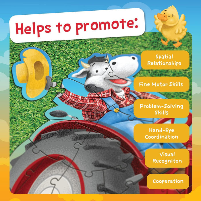 Close-up of cow tractor puzzle pieces with a list of benefits including fine motor skills and hand-eye coordination.