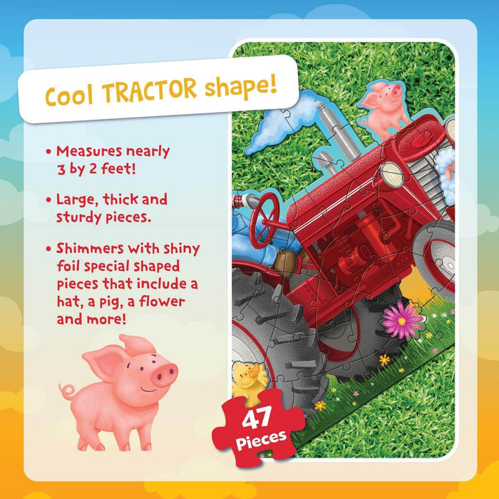 Red tractor-shaped floor puzzle with 47 pieces featuring shiny foil accents and farm animals like a pig and duckling.