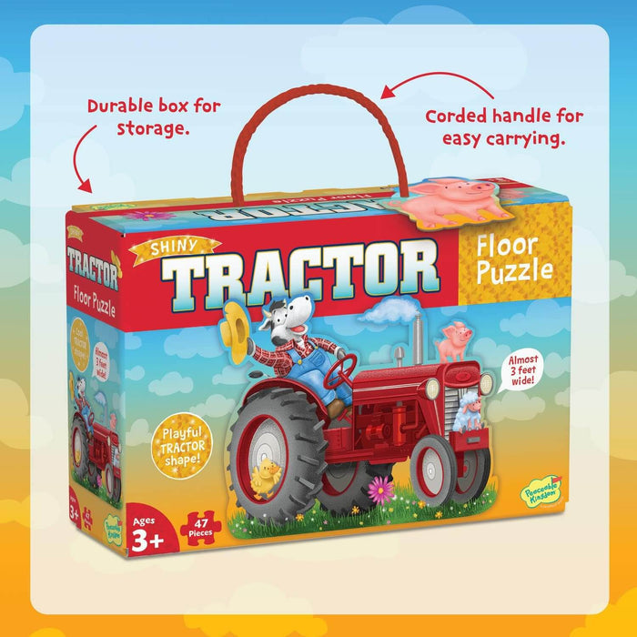 Box for a 47-piece floor puzzle featuring a red tractor with farm animals and a red corded carrying handle.