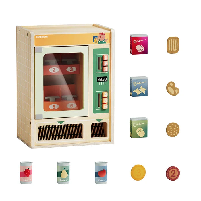 Light wood toy vending machine with number pads, snack boxes, fruit cans, play coins, and small snack treats.