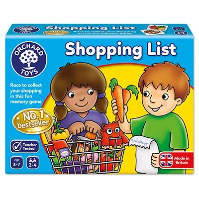 Blue Orchard Toys box showing a girl with a shopping trolley and boy with a list. No. 1 bestseller and age 3-7 labels.