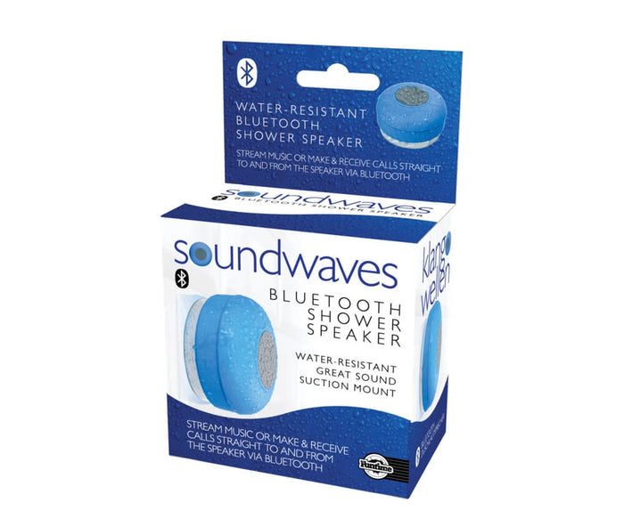 Blue round Bluetooth shower speaker in blue and white packaging with a suction mount and water-resistant design.