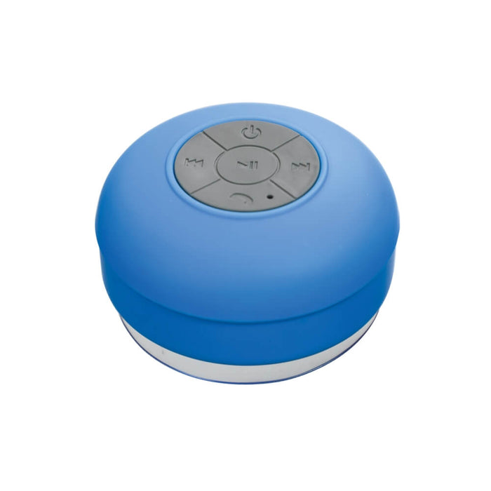 Circular blue shower speaker with grey playback buttons on top and a white suction cup base.