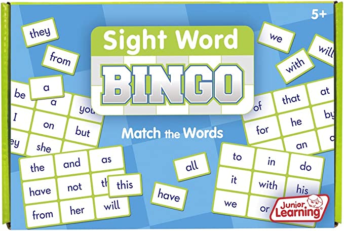 Blue box for Sight Word Bingo game featuring green-bordered word cards and bingo boards with words like the, and, and with.