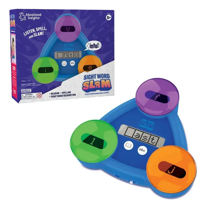 Blue triangular electronic toy with purple, green, and orange buttons shown next to its retail box.