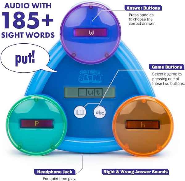 Blue triangular electronic toy with green, orange, and purple circular pads and a central digital letter display.