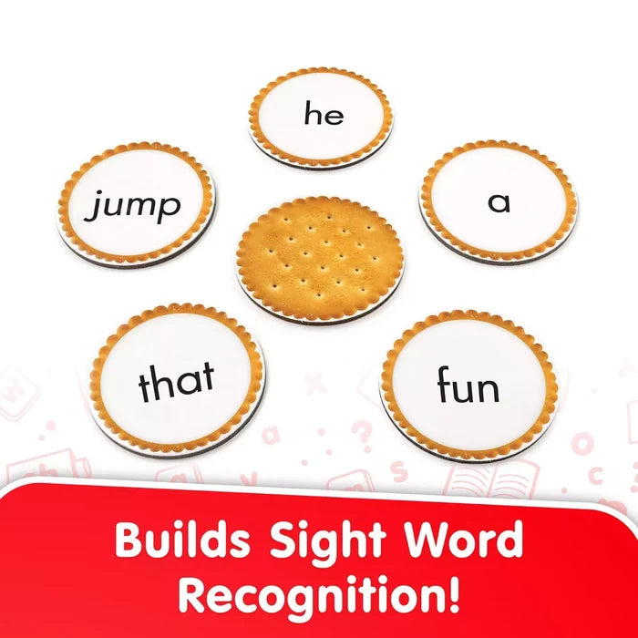 Six cracker-shaped tokens with sight words jump, he, a, that, and fun. Red banner reads Builds Sight Word Recognition!