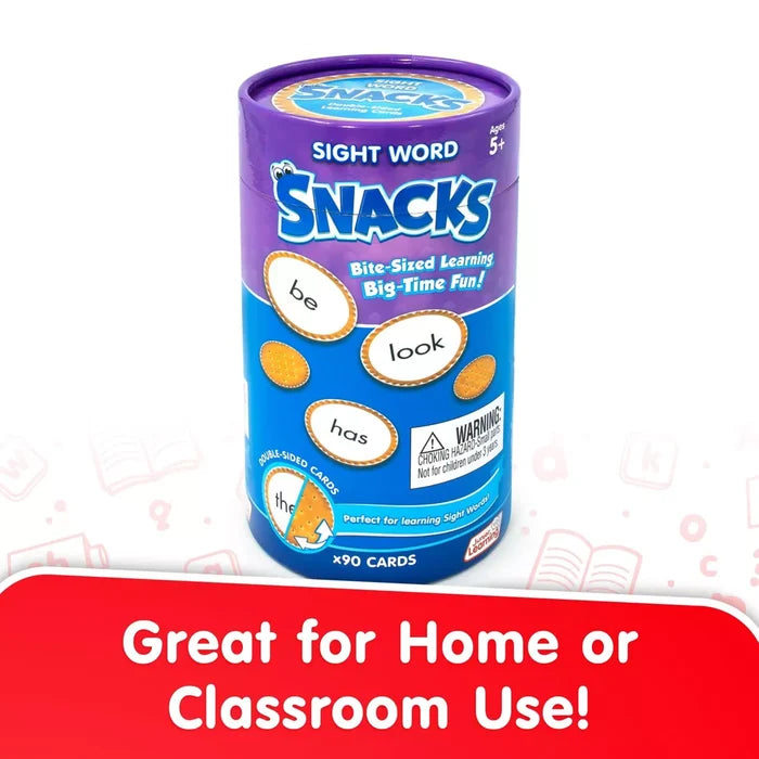 Purple and blue cylindrical container for Sight Word Snacks with cracker-shaped cards for learning words.