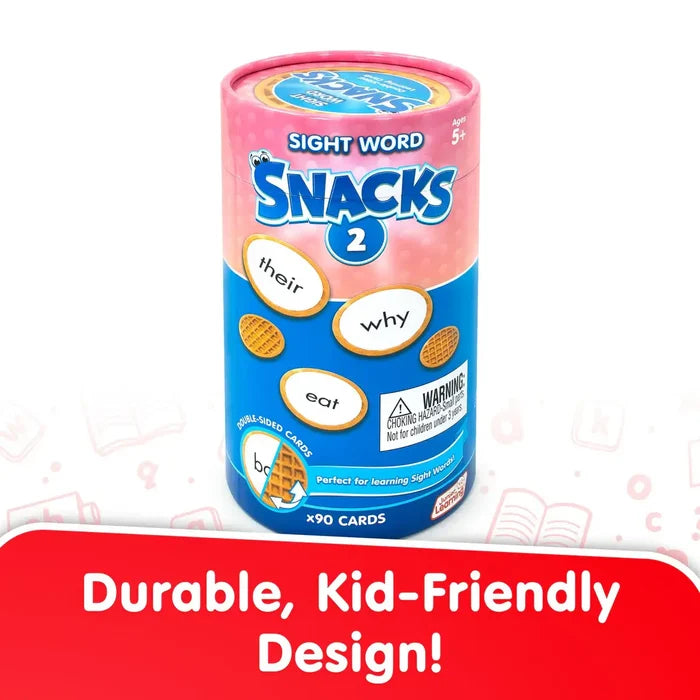 Pink and blue cylindrical tube with waffle-shaped sight word cards featuring words like their, why, and eat.