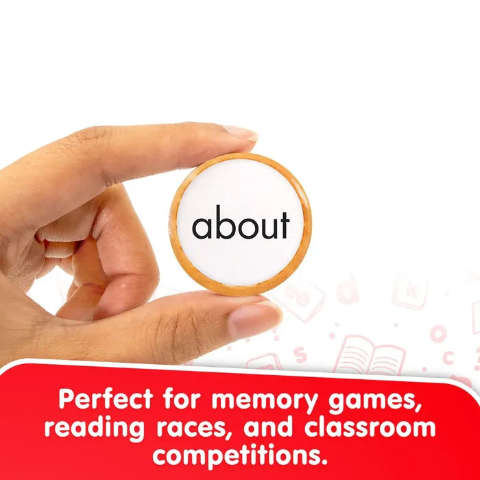 A hand holds a round wooden token featuring the word 'about' above a red banner with white educational text.