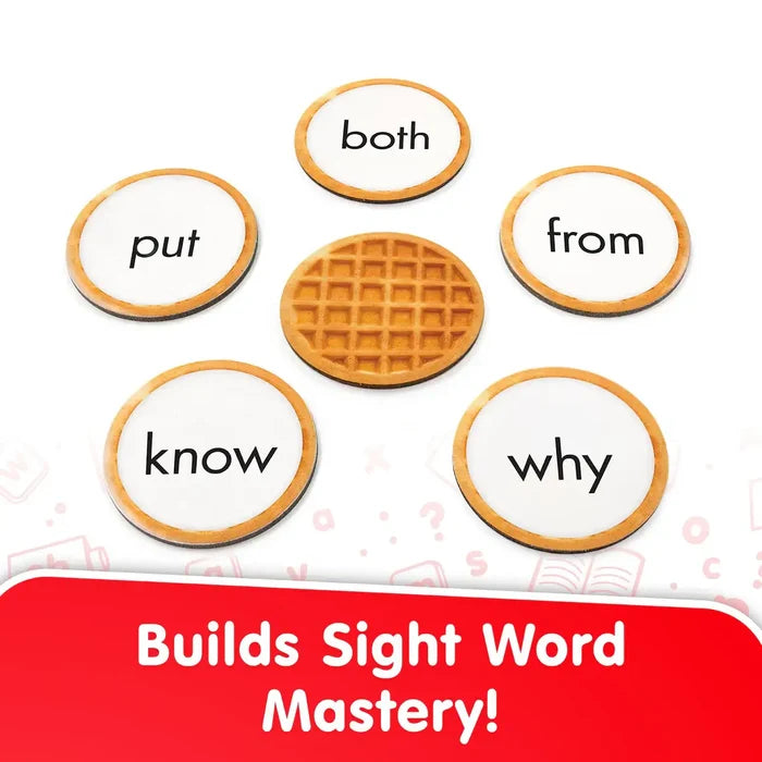 Five circular wooden tokens with sight words surrounding a waffle-shaped disk on a white background.