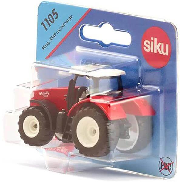 Red toy tractor with white wheels and roof, sealed in its blue Siku 1105 blister card packaging.